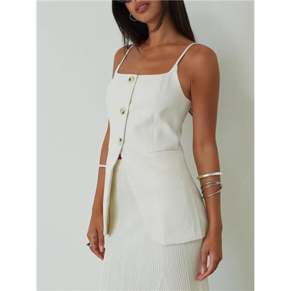 Women’s Cami Suit Vest Blazer – Button Down, Adjustable Spaghetti Straps - Picture 4 of 4